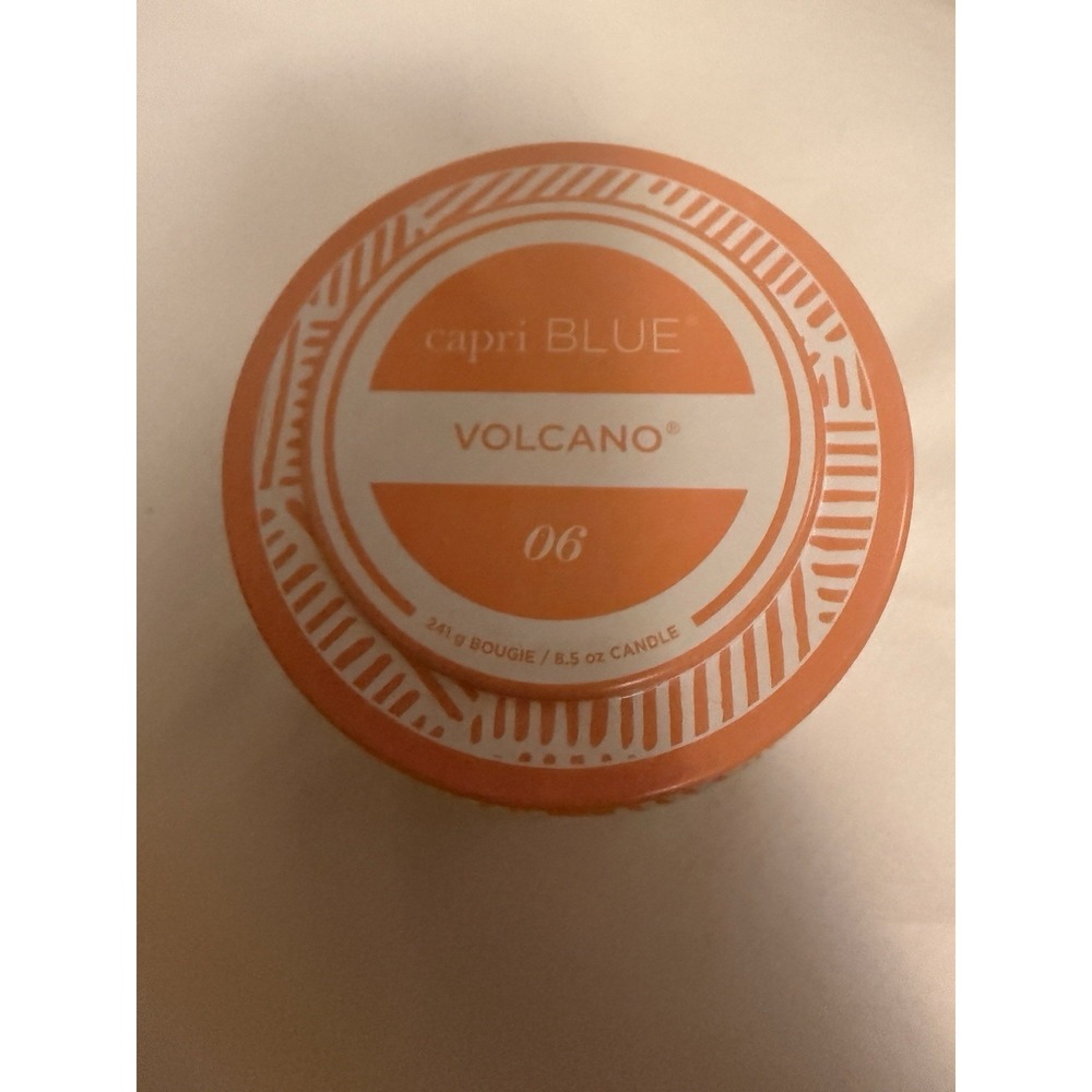 Anthropologie VOLCANO Candle Capri Blue Tangerine Pattern Tin w Lid 8.5 oz NEW